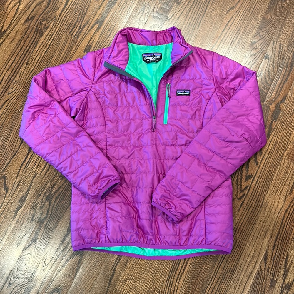 Patagonia, Lightweight, Puffer Quarter Zip Purple With Lime Green Inside, Medium